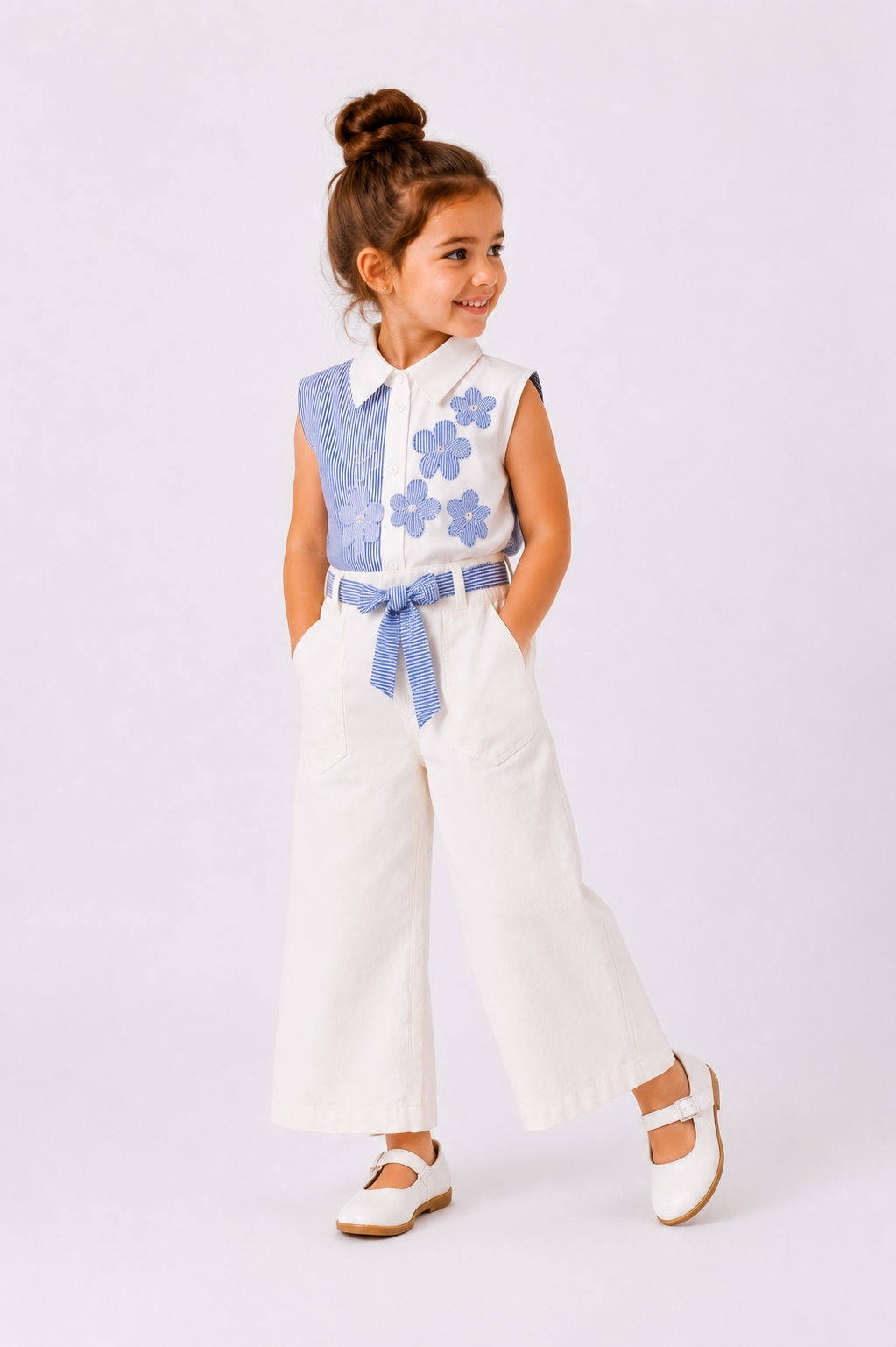 Детски комплект за момиче Blue Blossom с бели дънки - Image 3